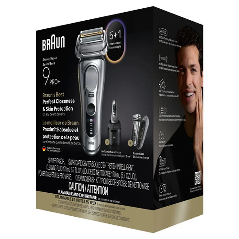 Rasoir sans fil à grille avec ou sans eau Series 9 PRO+ de Braun avec étui PowerCase (9677cc)
