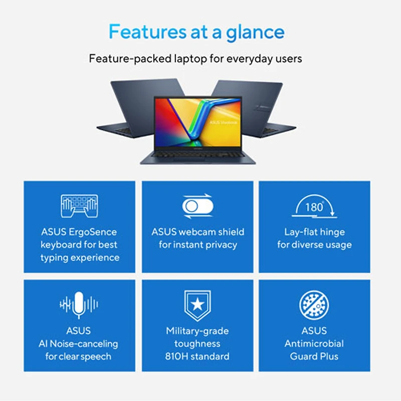 ASUS Vivobook 15 15.6" Laptop - Quiet Blue (Intel Core 3 100U/8GB RAM/512GB SSD/Windows 11 Home)