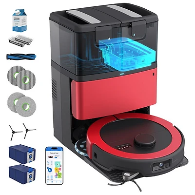 Aspirateur robot-vadrouille connecté Wi-Fi tout-en-un à vidange automatique Maxim de bObsweep - Rouge impérial