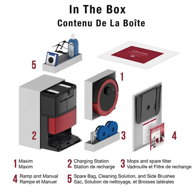 Aspirateur robot-vadrouille connecté Wi-Fi tout-en-un à vidange automatique Maxim de bObsweep - Rouge impérial