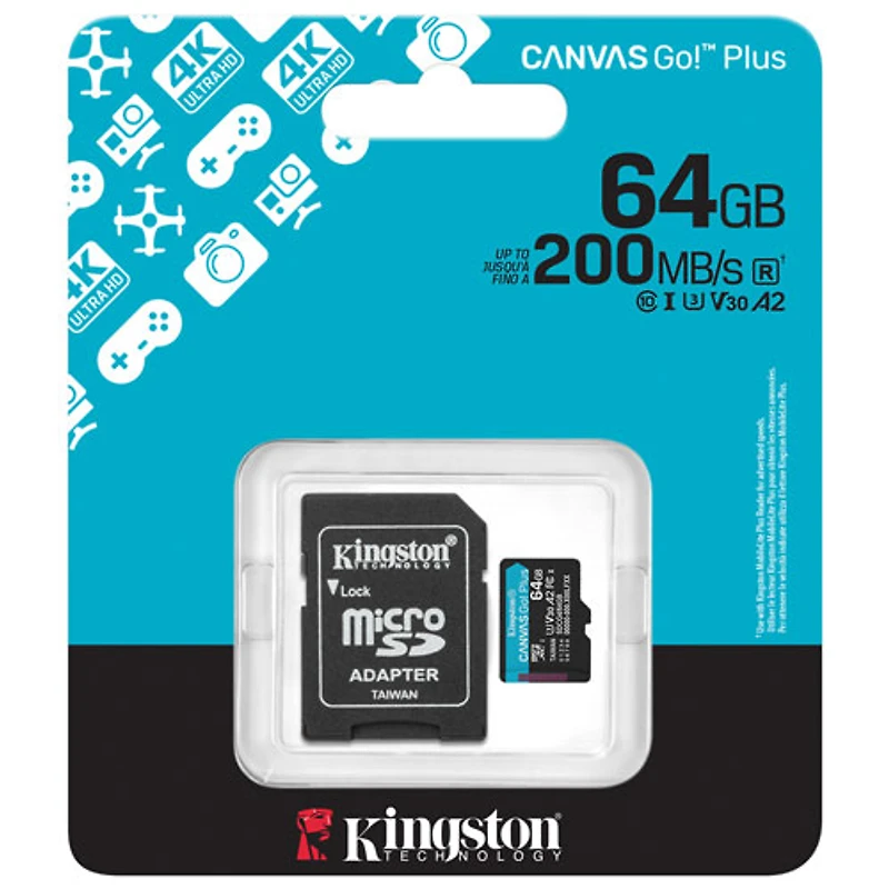 Carte mémoire microSD Canvas Go! Plus 200 Mo/s 64 Go de Kingston