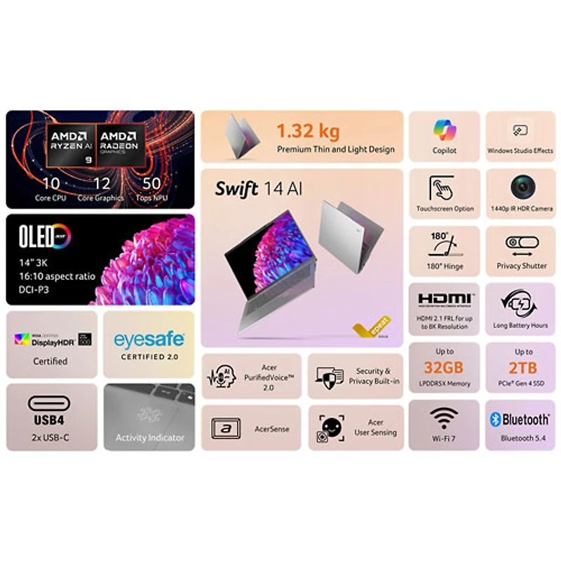 Portable à écran tactile 14 po Swift 14 AI d'Acer - Argent pur (Ryzen AI 9 365 d'AMD/RAM 32 Go/SSD 1 To/Windows 11)