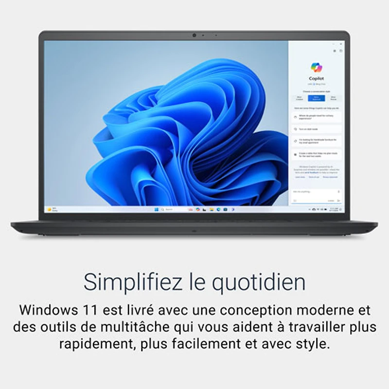 Portable de 15,6 po de Dell - Noir carbone (Core 3 100U d'Intel/RAM 8 Go/SSD 512 Go/Windows 11 Famille)