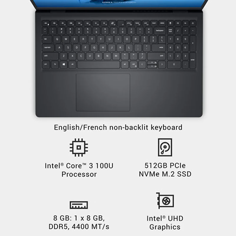 Portable de 15,6 po de Dell - Noir carbone (Core 3 100U d'Intel/RAM 8 Go/SSD 512 Go/Windows 11 Famille)