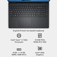 Portable de 15,6 po de Dell - Noir carbone (Core 3 100U d'Intel/RAM 8 Go/SSD 512 Go/Windows 11 Famille)