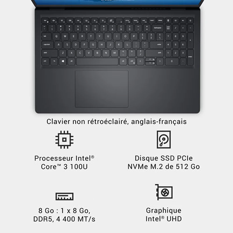 Portable de 15,6 po de Dell - Noir carbone (Core 3 100U d'Intel/RAM 8 Go/SSD 512 Go/Windows 11 Famille)