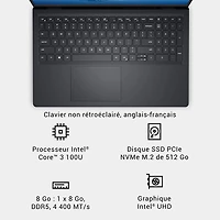 Portable de 15,6 po de Dell - Noir carbone (Core 3 100U d'Intel/RAM 8 Go/SSD 512 Go/Windows 11 Famille)