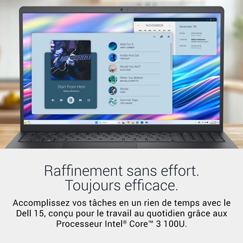 Portable de 15,6 po de Dell - Noir carbone (Core 3 100U d'Intel/RAM 8 Go/SSD 512 Go/Windows 11 Famille)