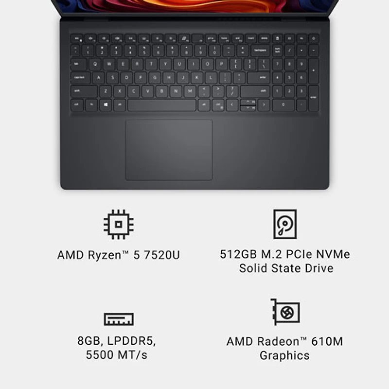 Portable de 15,6 po de Dell - Noir carbone (Ryzen 5 7520U d'AMD/RAM 8 Go/SSD 512 Go/Windows 11 Famille)