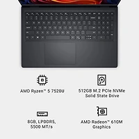 Portable de 15,6 po de Dell - Noir carbone (Ryzen 5 7520U d'AMD/RAM 8 Go/SSD 512 Go/Windows 11 Famille)