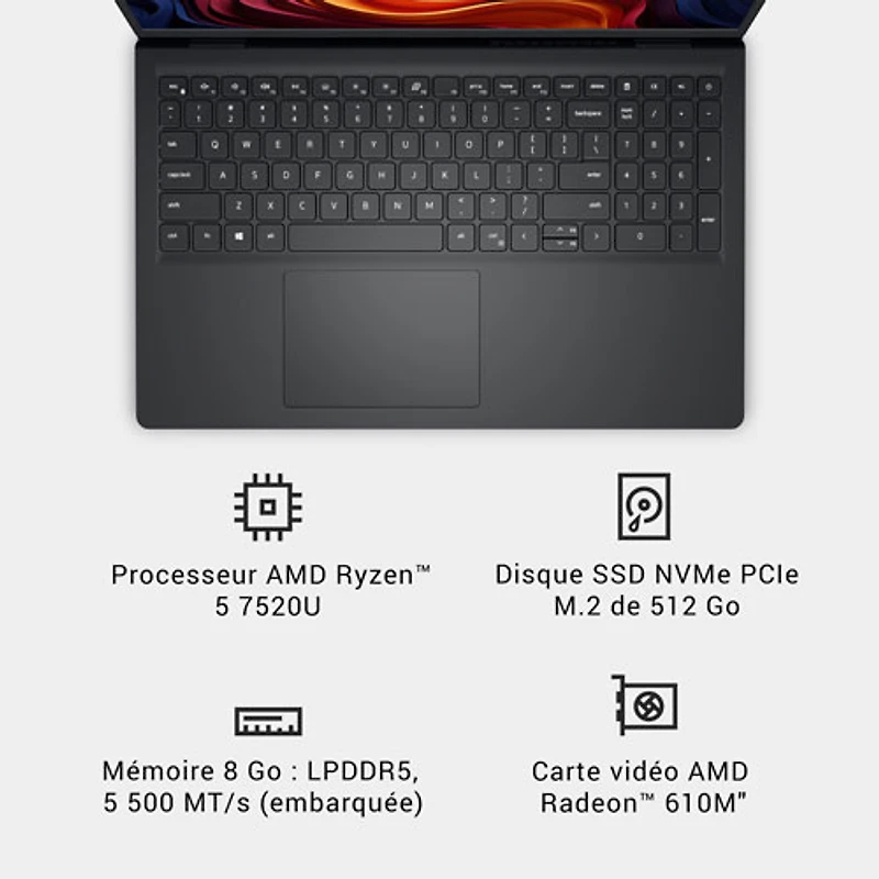 Portable de 15,6 po de Dell - Noir carbone (Ryzen 5 7520U d'AMD/RAM 8 Go/SSD 512 Go/Windows 11 Famille)