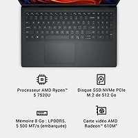 Portable de 15,6 po de Dell - Noir carbone (Ryzen 5 7520U d'AMD/RAM 8 Go/SSD 512 Go/Windows 11 Famille)