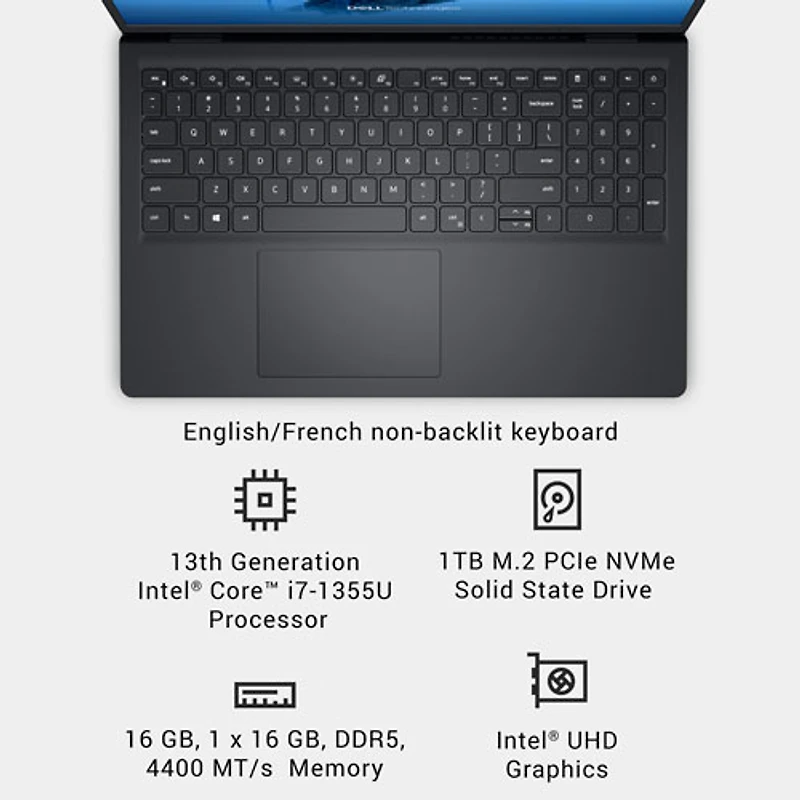 Portable à écran tactile de 15,6 po de Dell - Noir carbone (Core i7-1355U d'Intel/RAM 16 Go/SSD 1 To/Windows 11 Famille)