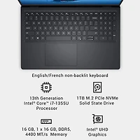 Portable à écran tactile de 15,6 po de Dell - Noir carbone (Core i7-1355U d'Intel/RAM 16 Go/SSD 1 To/Windows 11 Famille)