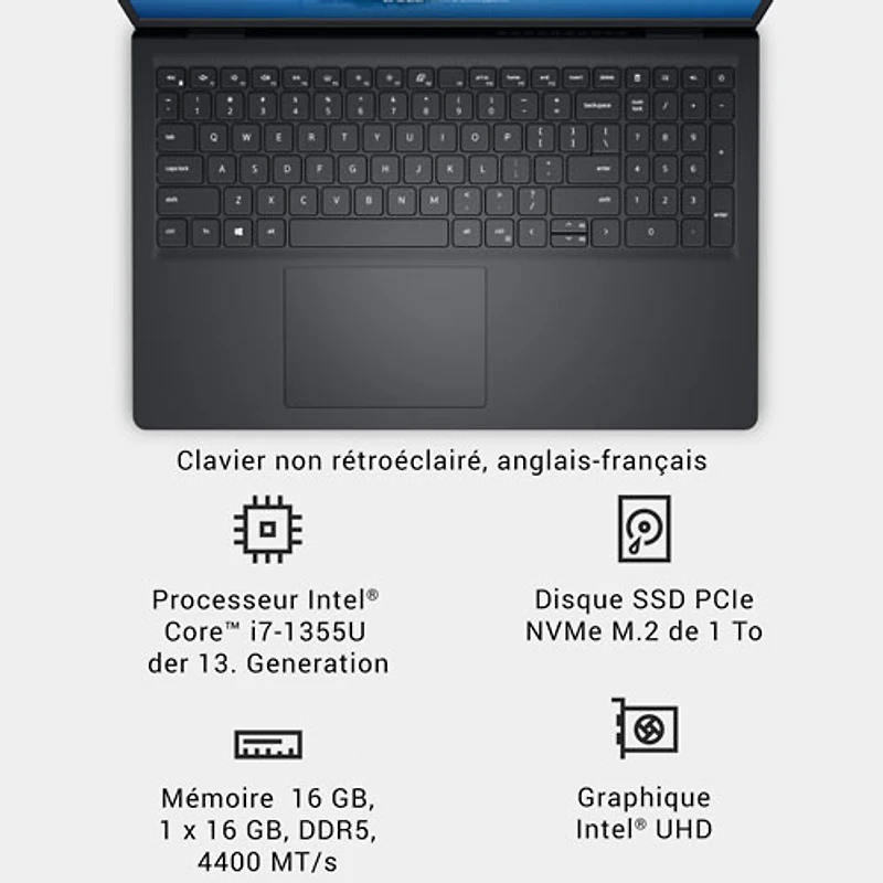 Portable à écran tactile de 15,6 po de Dell - Noir carbone (Core i7-1355U d'Intel/RAM 16 Go/SSD 1 To/Windows 11 Famille)