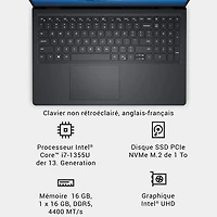 Portable à écran tactile de 15,6 po de Dell - Noir carbone (Core i7-1355U d'Intel/RAM 16 Go/SSD 1 To/Windows 11 Famille)