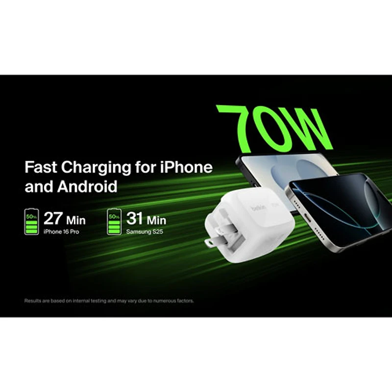 Chargeur mural à 3 ports USB-C/USB-A de 70 W Boostcharge Pro de Belkin - Blanc