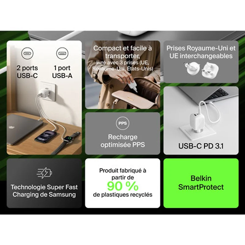 Chargeur mural à 3 ports USB-C/USB-A de 70 W Boostcharge Pro de Belkin - Blanc