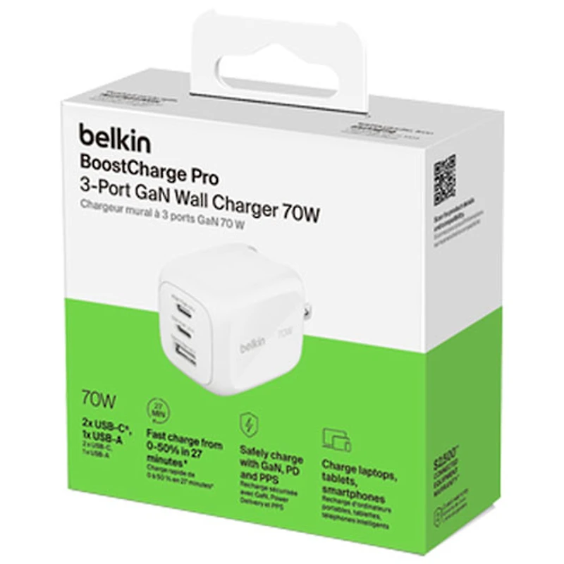 Chargeur mural à 3 ports USB-C/USB-A de 70 W Boostcharge Pro de Belkin - Blanc