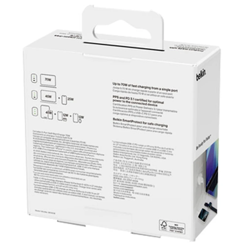 Chargeur mural à 3 ports USB-C/USB-A de 70 W Boostcharge Pro de Belkin - Blanc