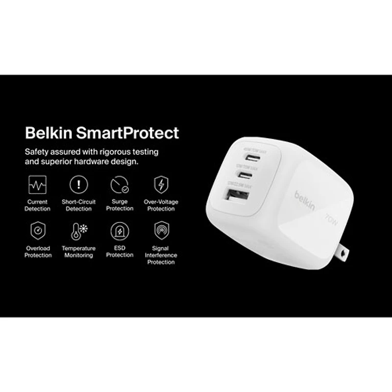 Chargeur mural à 3 ports USB-C/USB-A de 70 W Boostcharge Pro de Belkin - Blanc
