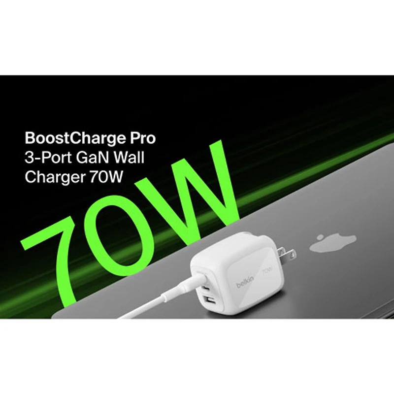Chargeur mural à 3 ports USB-C/USB-A de 70 W Boostcharge Pro de Belkin - Blanc