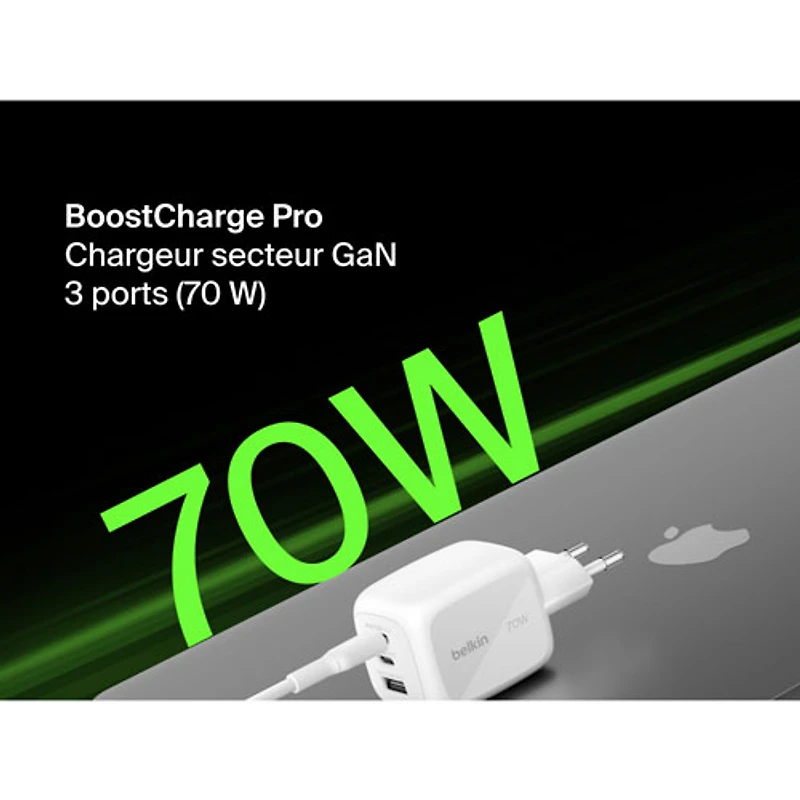 Chargeur mural à 3 ports USB-C/USB-A de 70 W Boostcharge Pro de Belkin - Blanc