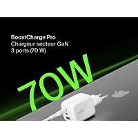 Chargeur mural à 3 ports USB-C/USB-A de 70 W Boostcharge Pro de Belkin - Blanc