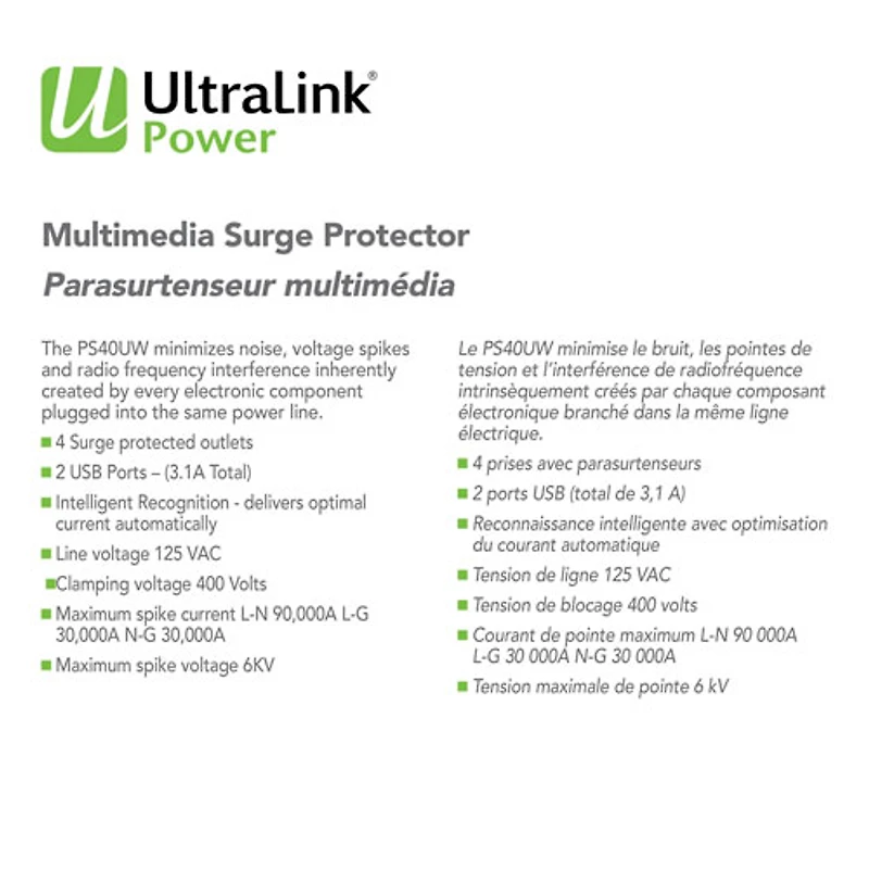 Parasurtenseur à 4 prises avec deux ports USB d'UltraLink (PS40U)