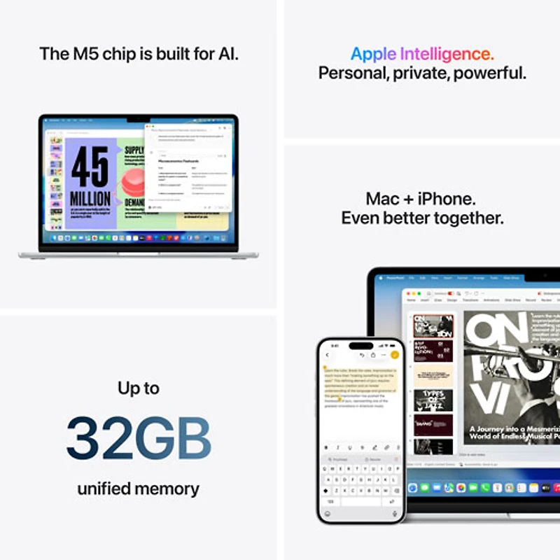 MacBook Air de 15,3 po avec Touch ID d'Apple (2026) - Argent (M5 d'Apple/RAM 16 Go/SSD 1 To) - Anglais