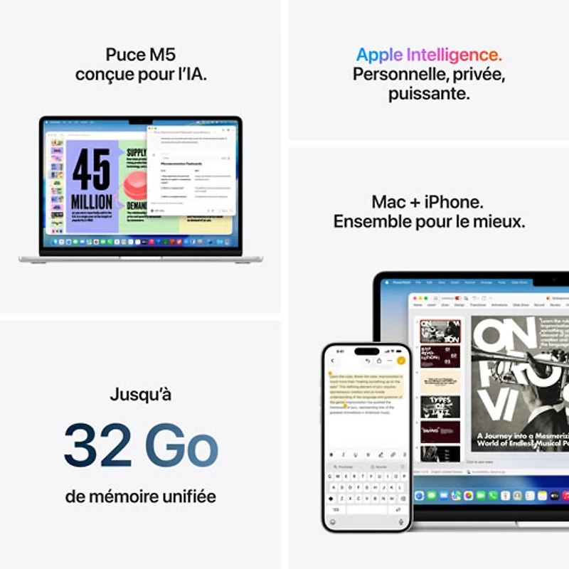 MacBook Air de 13,6 po avec Touch ID d'Apple (2026) - Argenté (M5 d'Apple/RAM 16 Go/SSD 1 To) - Anglais