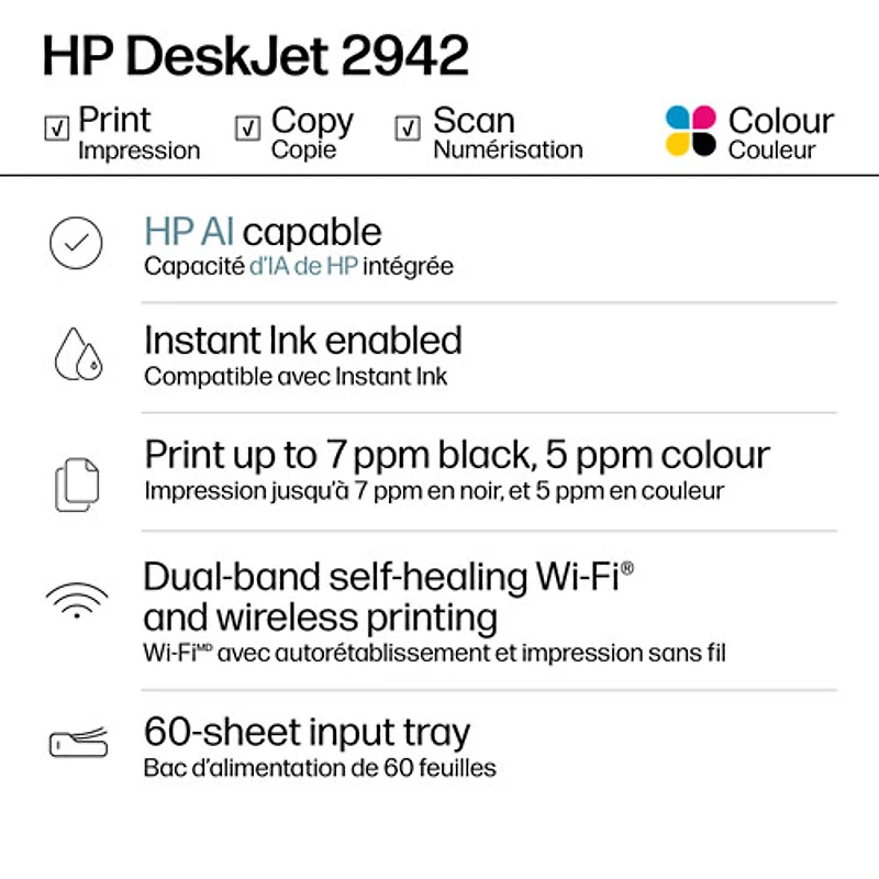 Imprimante à jet d'encre tout-en-un sans fil DeskJet 2942 de HP - Bleu bristol