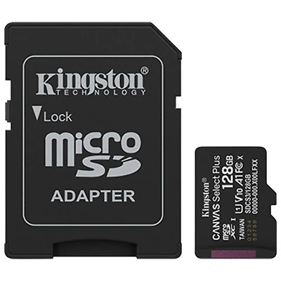 Carte mémoire microSD UHS-I de 128 Go et 150 Mo/s Canvas Select Plus de Kingston avec adaptateur SD