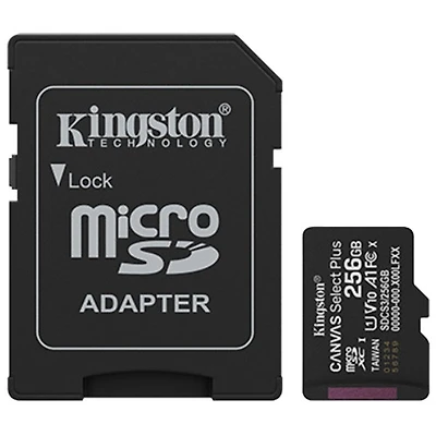 Carte mémoire microSD UHS-I de 256 Go et 150 Mo/s Canvas Select Plus de Kingston avec adaptateur SD