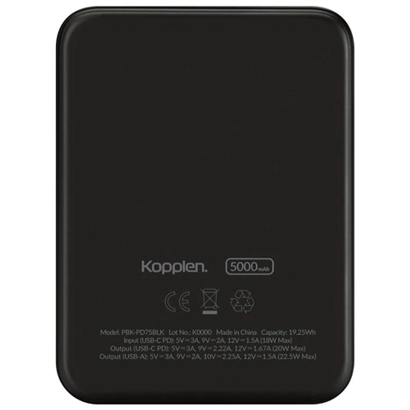 Chargeur portable à chargement rapide USB-A/USB-C 5000 mAh 22,5 W de Kopplen - Noir