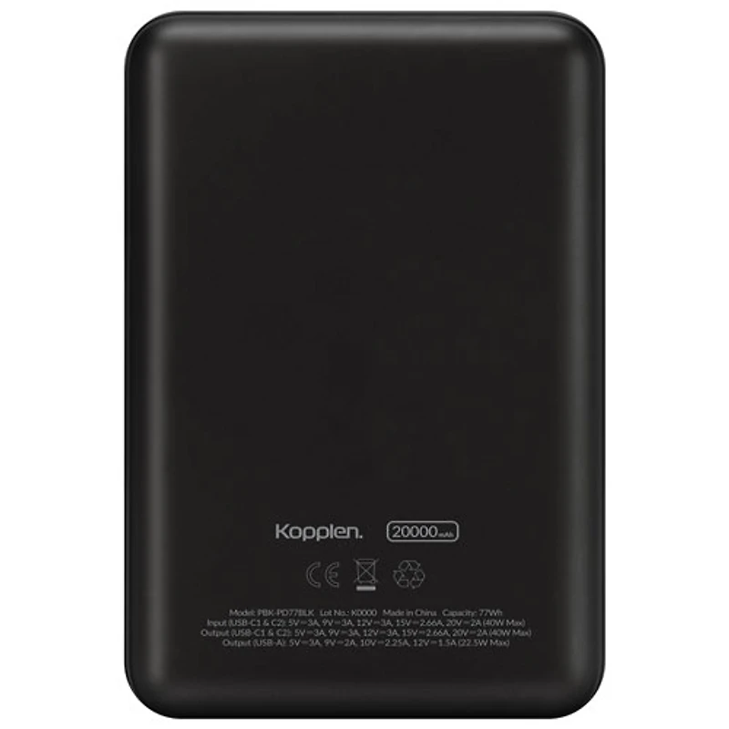 Kopplen 20000 mAh 40W USB-A & Dual USB-C Power Bank - Black