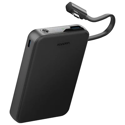 Kopplen 10000 mAh 20W Fast Charging USB-A & Dual USB-C PD Power Bank with Built-In Cable - Black