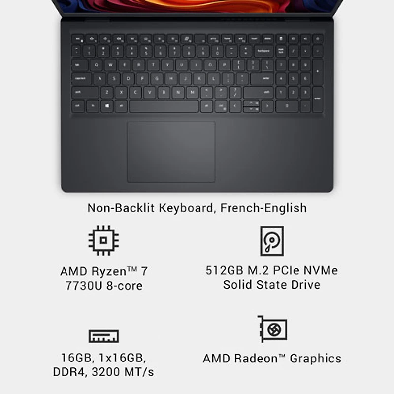 Dell 15.6" Laptop - Carbon Black (AMD Ryzen 7 7730U/16GB RAM/512GB SSD/Windows 11 Home)