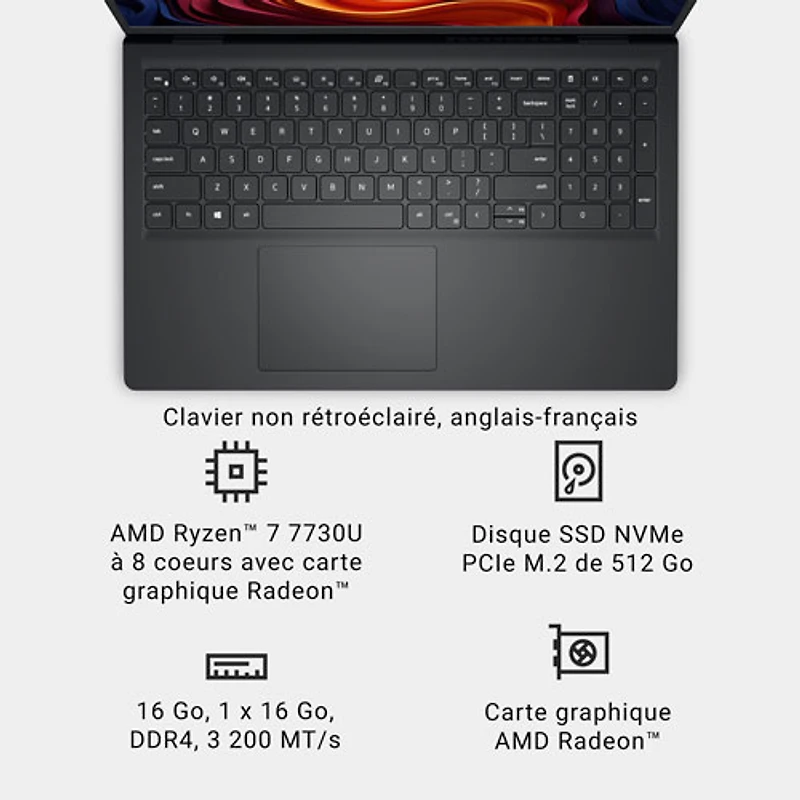 Dell 15.6" Laptop - Carbon Black (AMD Ryzen 7 7730U/16GB RAM/512GB SSD/Windows 11 Home)