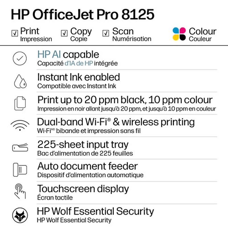 Imprimante à jet d'encre tout-en-un sans fil OfficeJet Pro 8125 de HP - Essai gratuit de 3 mois Instant Ink de HP inclus*