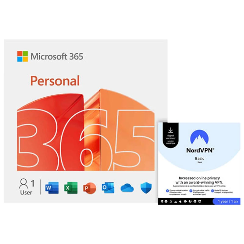 Microsoft 365 Personnel + NordVPN Base VPN (PC/Mac/Android) - 1 utilisateur - 1 appareil - Téléchargement numérique
