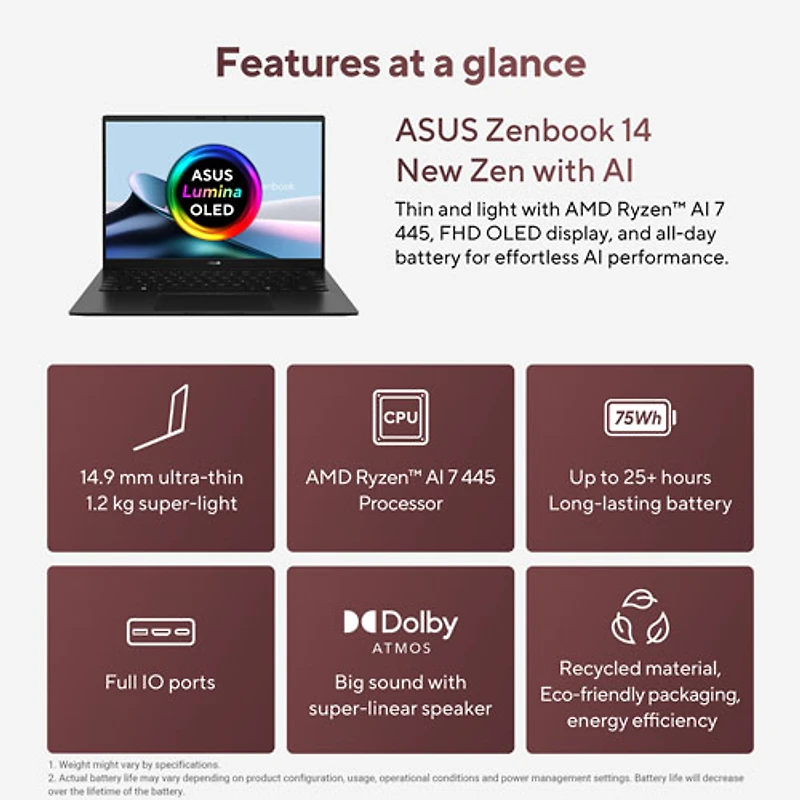 Portable DELO 14 po Zenbook 14 d'ASUS - Noir jade (Ryzen AI 7 445 d'AMD/RAM 16 Go/SSD 512 Go/Windows 11 Famille)