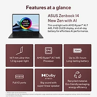 Portable DELO 14 po Zenbook 14 d'ASUS - Noir jade (Ryzen AI 7 445 d'AMD/RAM 16 Go/SSD 512 Go/Windows 11 Famille)