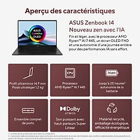 Portable DELO 14 po Zenbook 14 d'ASUS - Noir jade (Ryzen AI 7 445 d'AMD/RAM 16 Go/SSD 512 Go/Windows 11 Famille)