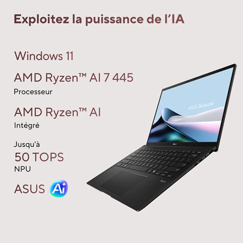 Portable DELO 14 po Zenbook 14 d'ASUS - Noir jade (Ryzen AI 7 445 d'AMD/RAM 16 Go/SSD 512 Go/Windows 11 Famille)
