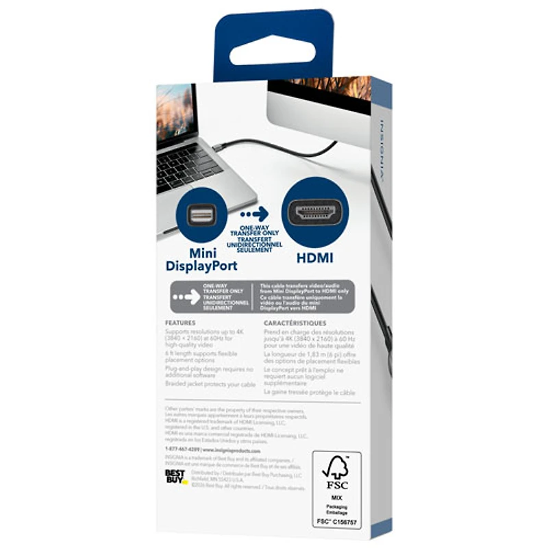 Insignia 1.83m (6 ft.) Mini DisplayPort to 4K Ultra HD HDMI Cable - Only at Best Buy