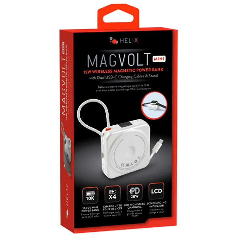 Chargeur portable magnétique sans fil USB-C 20 W 10 000 mAh MagVolt Mini de Helix avec câble USB-C intégré et support - Blanc