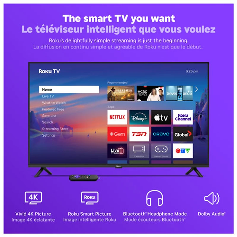 Téléviseur intelligent Roku DEL HDR UHD 4K de 43 po série R4 Select de Roku (43R4E5CA) - 2026