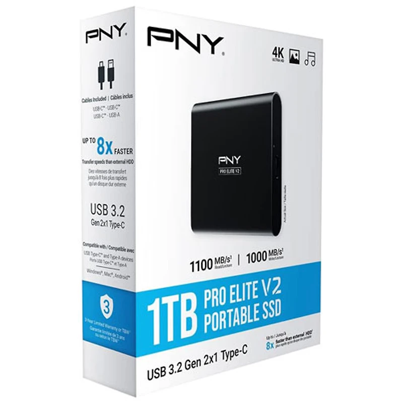 Disque SSD externe USB 3.2 de 2 To Pro Elite V2 de PNY (PSD0CS2160-1TB-RB) - Noir