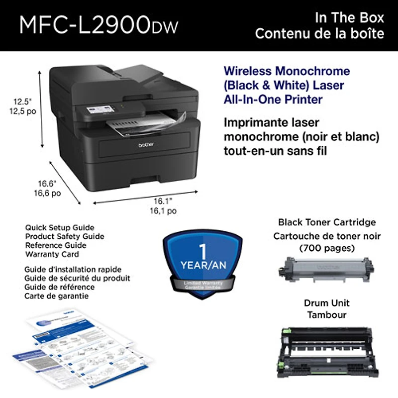Imprimante laser tout-en-un monochrome sans fil MFC-L2900DW de Brother